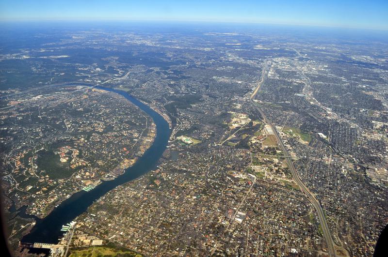 Aerial view of the Colorado River between Tarrytown and West Lake Hills