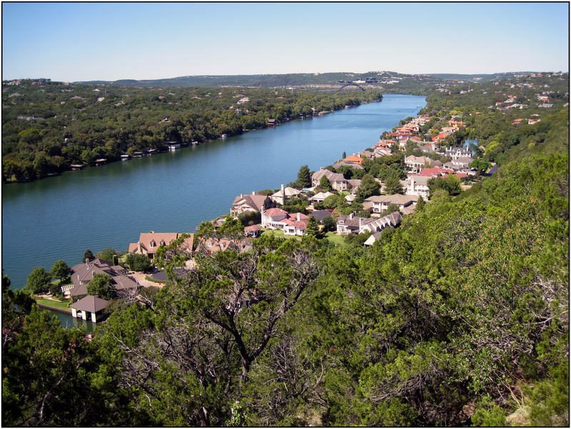 Lake Austin and its waterfront homes seen from Mount Bonnell