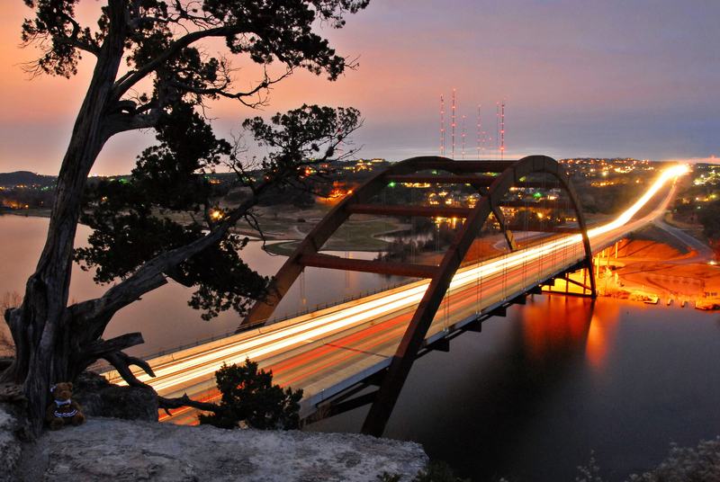 The 360 Bridge over Lake Austin at dusk